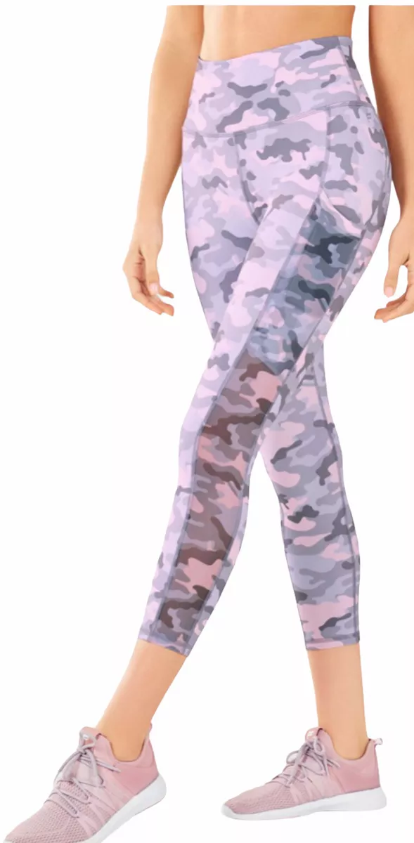 Fabletics Mila Pocket Capri Leggings Sz M Camo Gray Pink Powerhold Mesh NWT