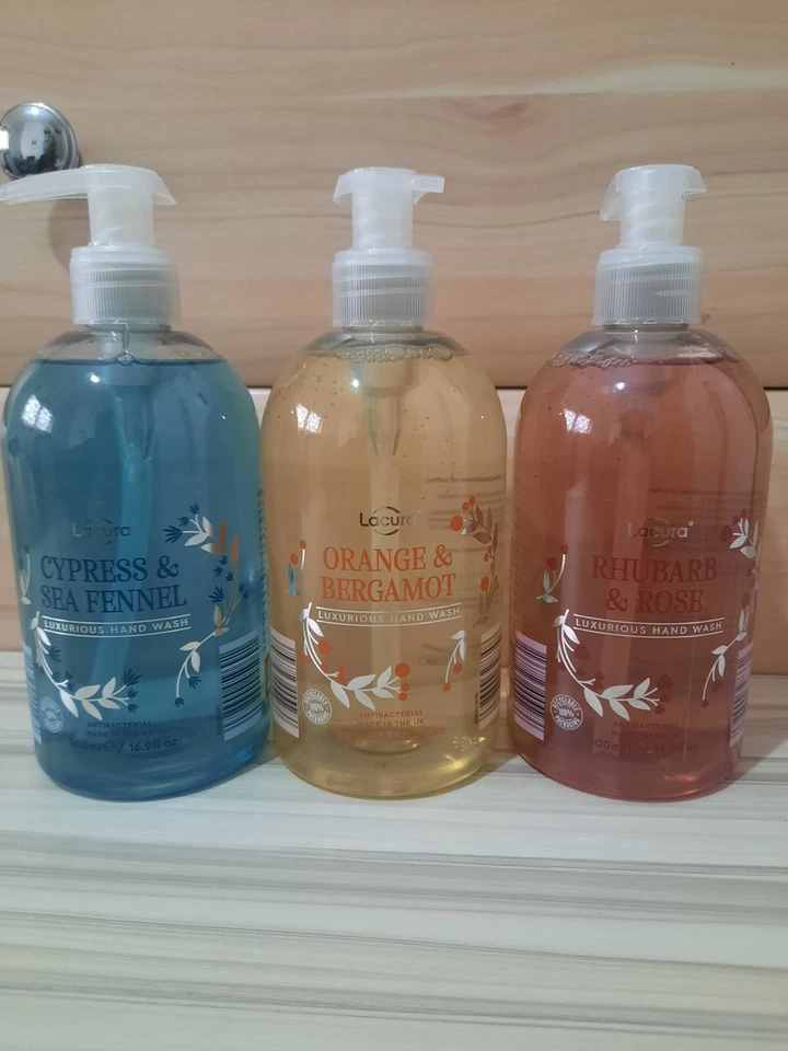 LACURA Hand Wash Rhubarb Rose, Orange Bergamot,Cypress Sea Fennel 3x 500ml Aldi