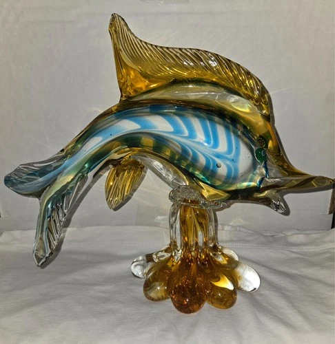 Vintage Murano Venetian Art Glass Pedestal Fish Figurine Sculpture Italy