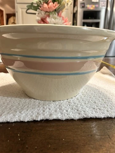 McCoy Mixing Bowl Pink & Blue Stripes Ovenware USA Vintage diameter 10"