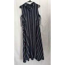Tommy Hilfiger Midi Dress w/belt Striped Sleeveless Button Front Preppy Navy 10