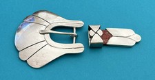 VTG Signed Native American Complete 3 Pc Sterling Silver Scallop Belt Buckle Set