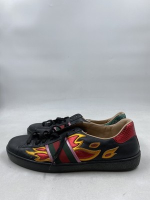 Gucci Ace Black Leather Flame Red Green Web Sneakers M 10.5