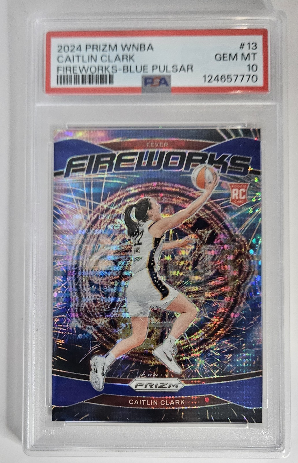 Caitlin Clark 2024 Panini Prizm WNBA Fireworks Blue Pulsar /199 FEVER PSA 10 Gem