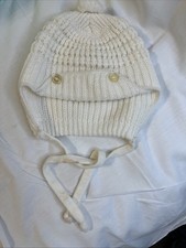 Vintage 1970s Hand Crochet Cream Baby/Toddler Earflap Bonnet Hat w/ Ties Buttons