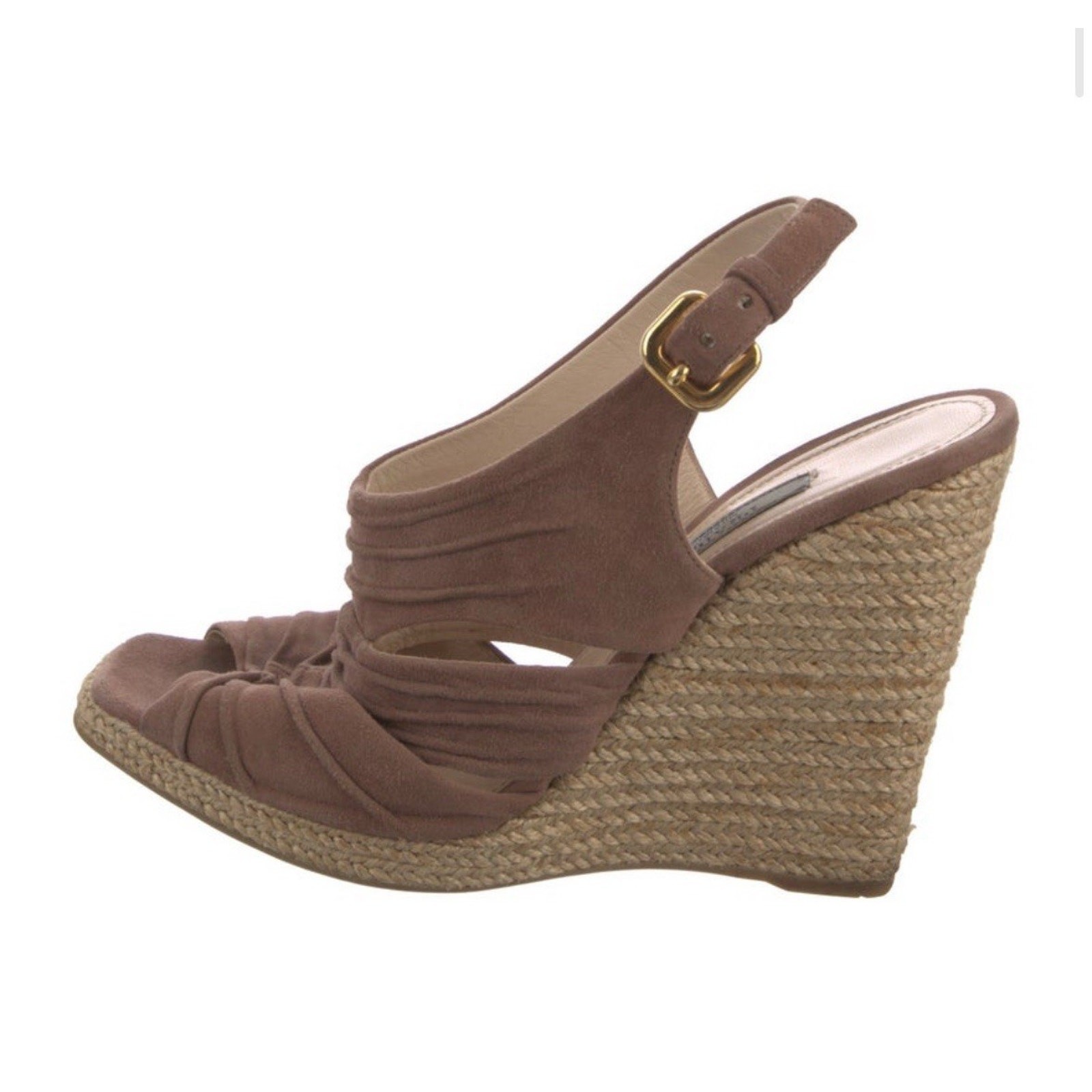 PRADA Platform Wedge Sandal Espadrilles Suede Beige Tan Strappy Size US 7/EU 37 thumbnail 3