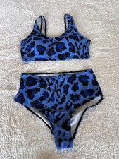 Leopard Print 2 Piece Bikini Blue Black Woman s High Waisted NWOT
