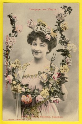 cpa BERGERET Rücken 1900 FRAU BLUMENSPRACHE ''La ROSE'' Zeitung L'ECLAIR