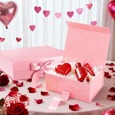 HAPPY POTATO 5 Glossy Pink Gift Boxes w/ Lids, Ribbon 9x6.5''