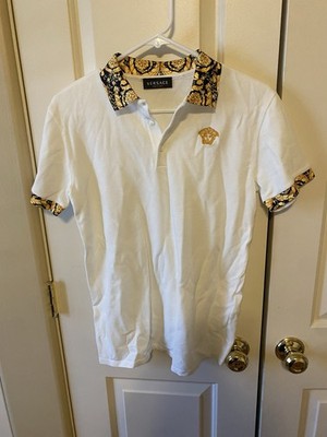 Versace white polo boy s size 14A gold & black collar borocco medusa emblem