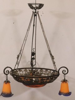 97cm Art Nouveau Hanging Lamp Wrought Iron Glass Shades Signed Circa 1910 (MVL8266)