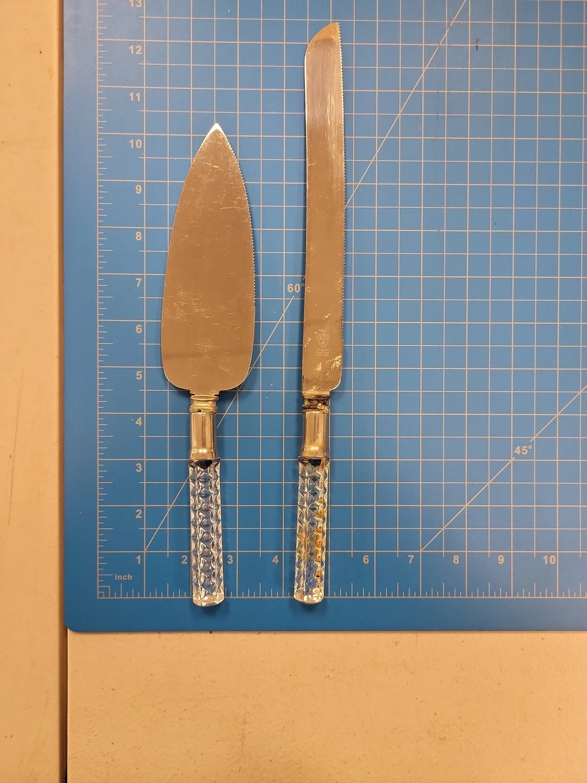 Vintage Prill Sheffield England Stainless Cake Server Knife Set Glass Handle