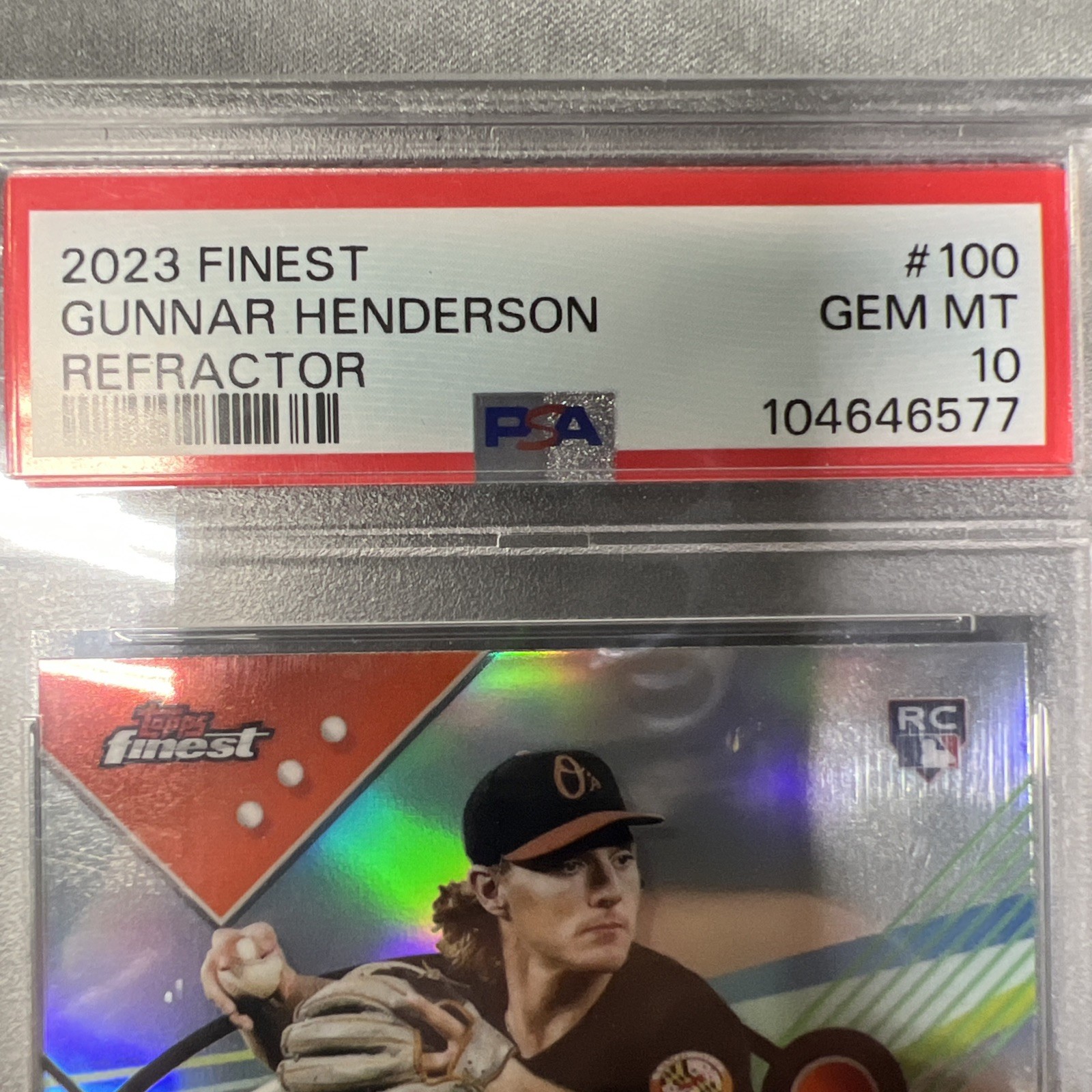 2023 Topps Finest - Gunnar Henderson #100 Refractor (RC) PSA 10 view 2