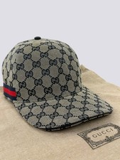 Gucci GG Monogram Web Stripe Canvas Baseball Cap Head Hat Gray Size M