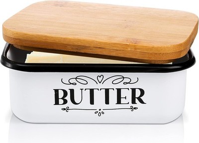 Yesland Butter Dish With Wooden Lid - Unbreakable Enamel White & Brown 