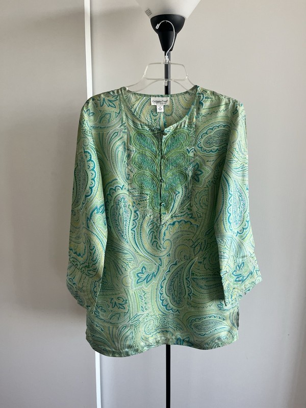 Coldwater Creek Tunic Blouse Top Green Turquoise Aqua Blue Silk Embroidered Sz M