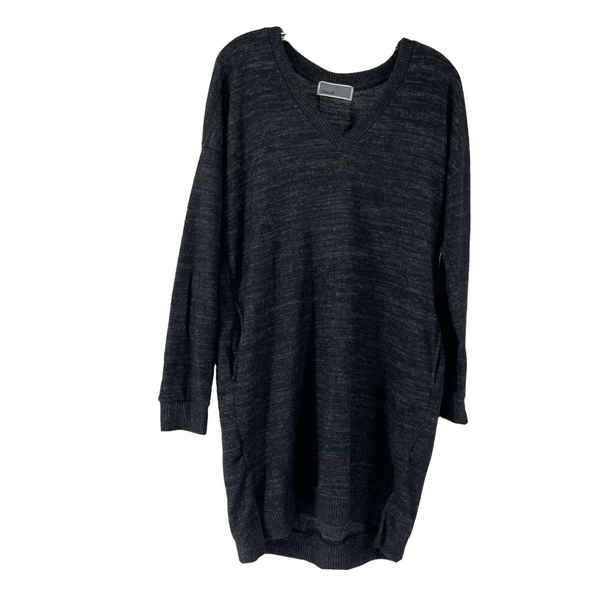 Gray Sweater Dress Pockets V Neck Size Medium Casual Long Sleeve Cozy  Cherish