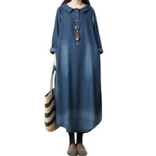 Jean Femmes Robe Peter Pan Col Manches Longues Long Pull Ample Décontracté