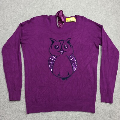 Lieblingsstuck Damen Pullover 40 - L Lila Strick Pailletten Eule Grafik Pullover