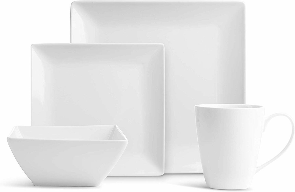 Royalty Art Square Pure Dishes Set (16-Piece) White Dinner ,Plates