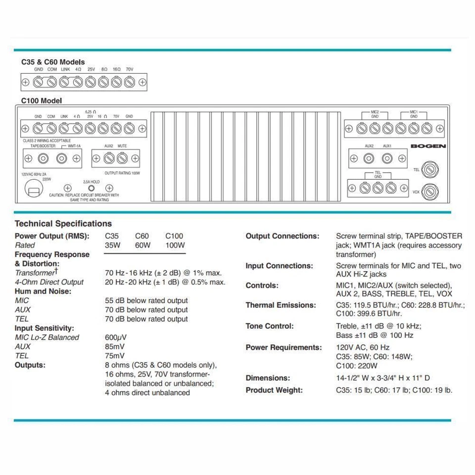 Bogen C100 Classic Series 100W Public Address Mixer-Amplifier - Image 3 of 4
