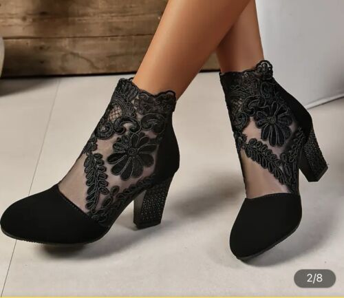 Black Suede Lace Ankle Boot/ Heel /Shoe Closed Toe Size 40