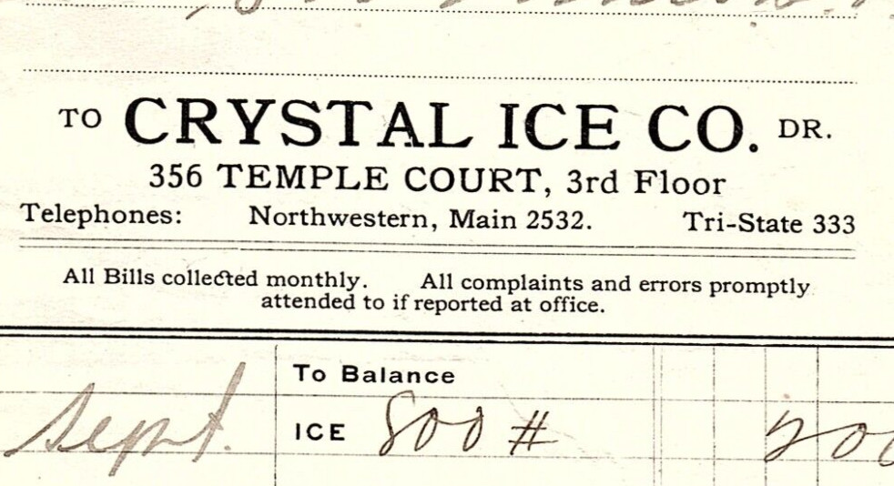1908 CRYSTAL ICE CO 356 TEMPLE COURT WE SELL LAKE ICE ONL INVOICE BILLHEAD Z7052
