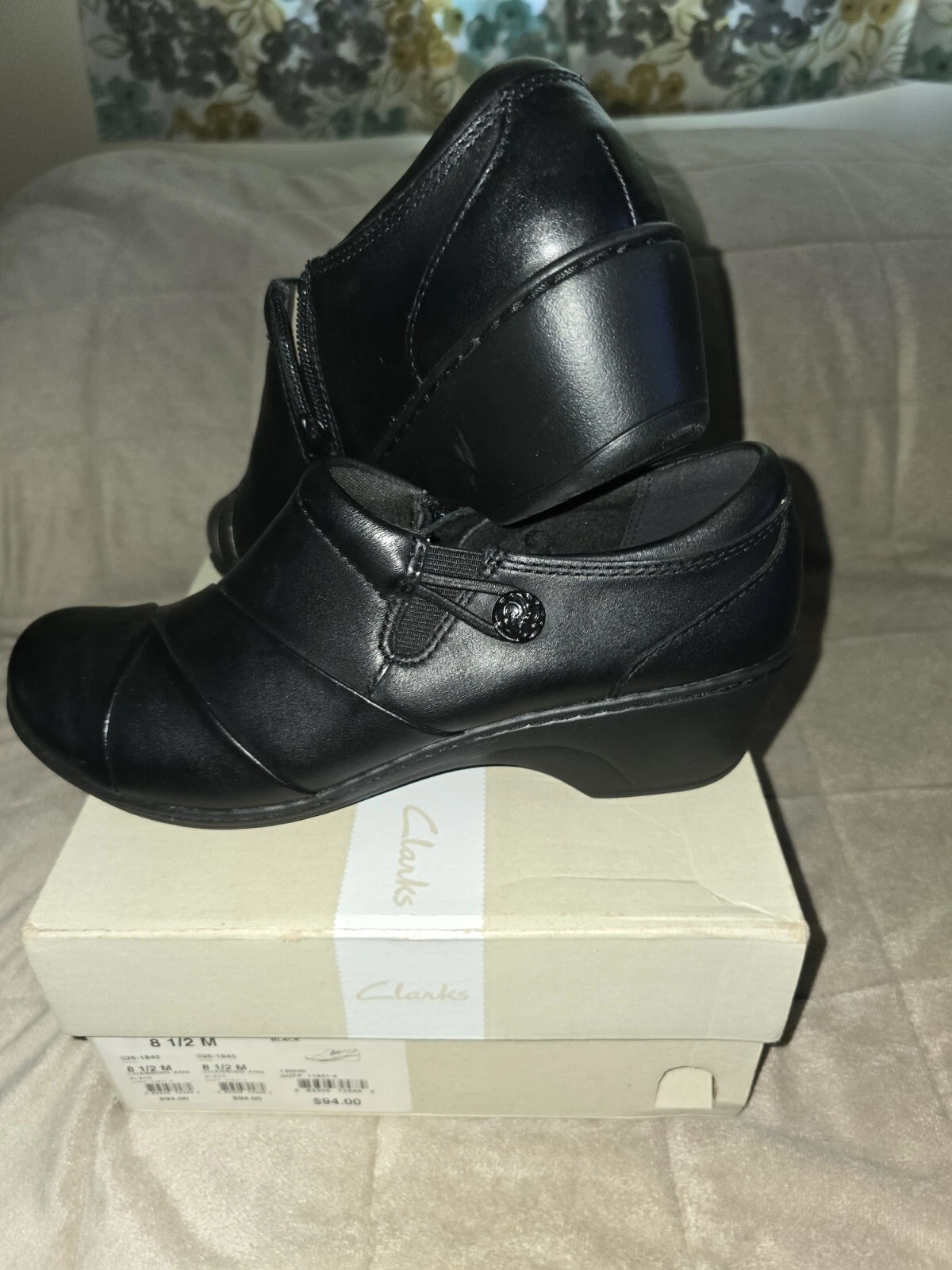 Clarks Channing Ann Slip On Black Leather Shoes Size 8.5 M