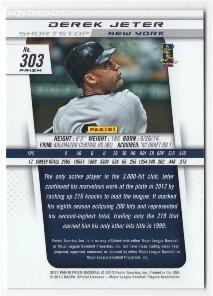 2013 PANINI PRIZM BASEBALL SILVER HOLO LEAGUE LEADER DEREK JETER R22 - Image 2 of 2