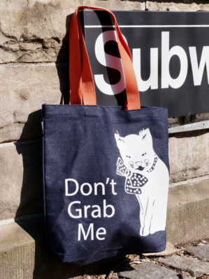 ''Don't Grab Me'' Anti-Trump, Pro-Feminist Denim Tote Bag with Orange Straps