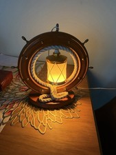 Vintage Nautical Maritime Table Lamp Wooden Ship Wheel Rope Light Decor