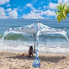 Beach Tent Sun Shelter, 7x7ft Beach Shade Canopy with 4 Sandbags 7x7.5FT 4 Pole