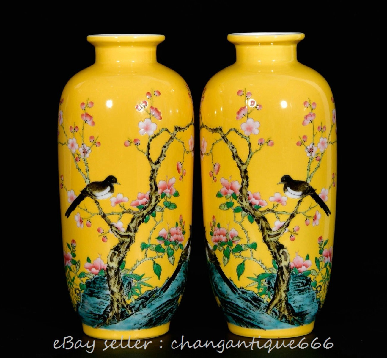 8.4 Qing Yongzheng Chinese Enamel colors Porcelain Flower Bird Bottle Vase Pair