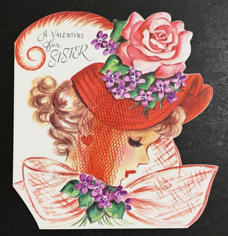 Marjorie Cooper VTG Valentine card RustCraft 1940s diecut woman w/ bonnet & net
