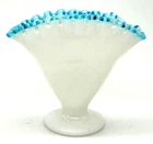 Vintage Fenton Aqua Blue Crest Milk Glass Ruffled Edge Footed Fan 4.5" Vase