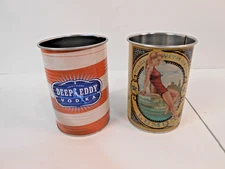 LOT of 2 DEEP EDDY VODKA Tin Can Cups  ONE EACH Pin Up & Flag Barware