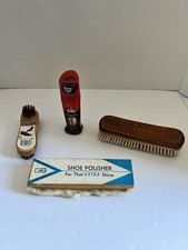 Vintage Shoe Shine Care Lot Kiwi Black Polish Wooden Brushes GB Wool Buffer
