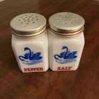 VINTAGE MILK GLASS BLUE SWANS SALT AND PEPPER SHAKERS 1940'S HAZEL ATLAS