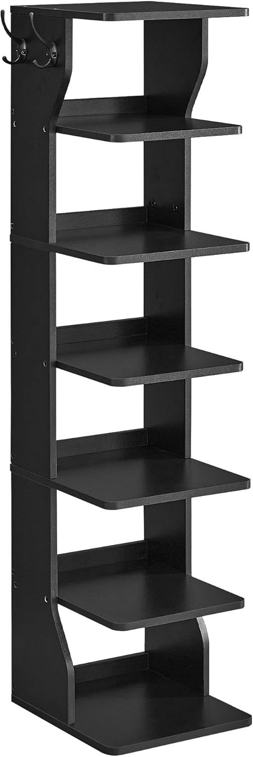 VASAGLE 7-Tier Vertical Shoe Rack with Hooks - Space-Saving Narrow Shoe Storage Organizer for Slippers