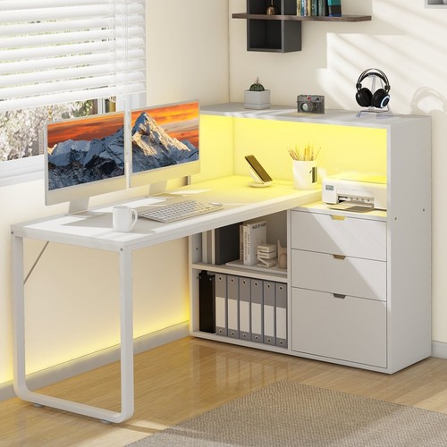 L Shaped Computer Desk W/ Power Outlets LED Lights Adjustable Shelves Storage US - Picture 6 of 13