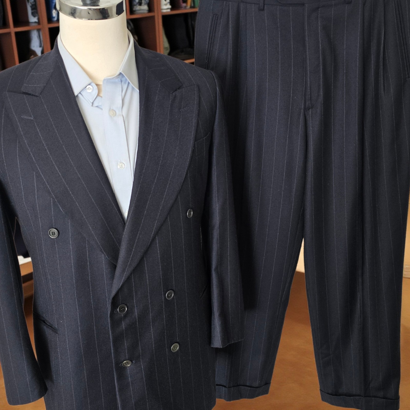 Canali Double Breasted Suit 42L Navy Chalkstripe Flannel Wool Cashmere Canvased