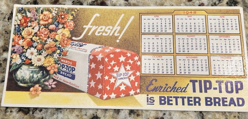 TIP TOP Bread Advertising Ink Blotter / Calendar 1948