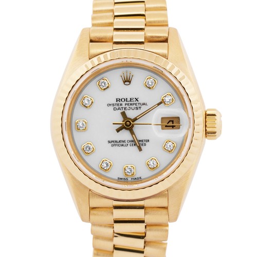 PAPERS Ladies Rolex DateJust President 26mm WHITE DIAMOND 18K Gold 69178 BOX