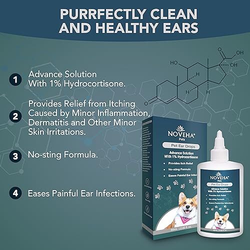 NOVEHA Pet Ear Drops with 1 Hydrocortisone Ear Cleaner for Dogs