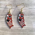 Earrings Red Koi Lucky Fish Enamel Dangle Gold Plated Novelty Animal Jewellery