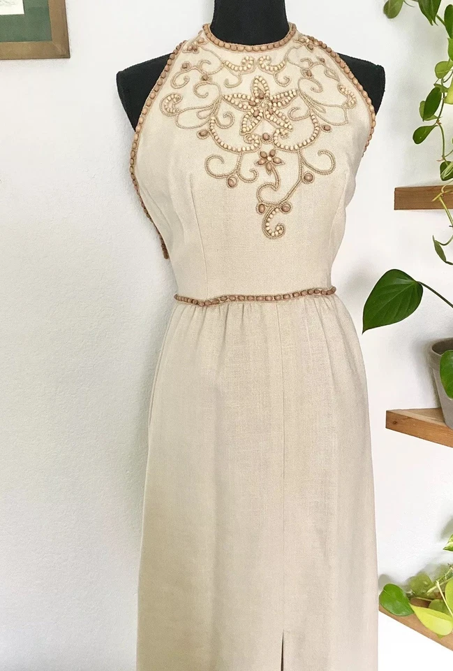 Винтажное платье с бретелью через шею Carlye 70-е льняное вышитое бисером богемное хиппи прибрежное - Изображение 2 из 4