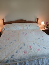Vintage Hand Appliqued Hand Quilted Pastels Floral Quilt - 72" 74"