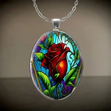 Flower Tulip Oval Necklace Jewelry Vintage Silvery Gothic Pink Love Pendant