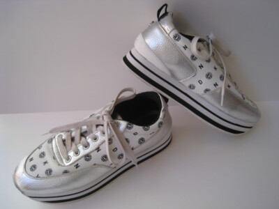 DKNY LOGO WHITE SILVER FAUX LEATHER SNEAKERS PLATFORM WOMEN'S SIZE US  HOT
