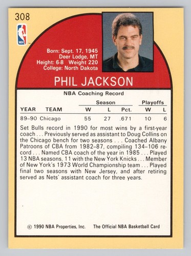 Hoops 308 Phil Jackson 1990-91 Nba Bulls Chicago Card 1990 Coach - Picture 2 of 2